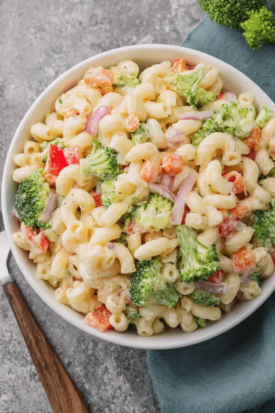 Simple Broccoli Pasta Salad for Easy Meals 2 A top-down view of a creamy broccoli pasta salad in a white bowl, featuring elbow macaroni, bright green broccoli florets, diced carrots, red bell peppers, and red onion.