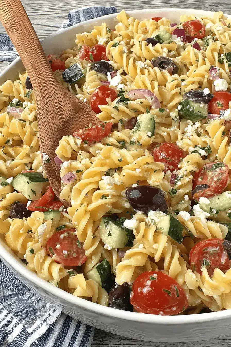 Quick & Easy Rotini Pasta Salad Recipe 2 Overhead view of a vibrant Greek rotini pasta salad in a white bowl with a wooden server.