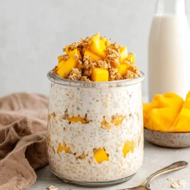 Ultimate Creamy Mango Overnight Oats Recipe 3 Close-up of layered mango overnight oats in a clear glass jar, topped with fresh mango chunks and crunchy granola.