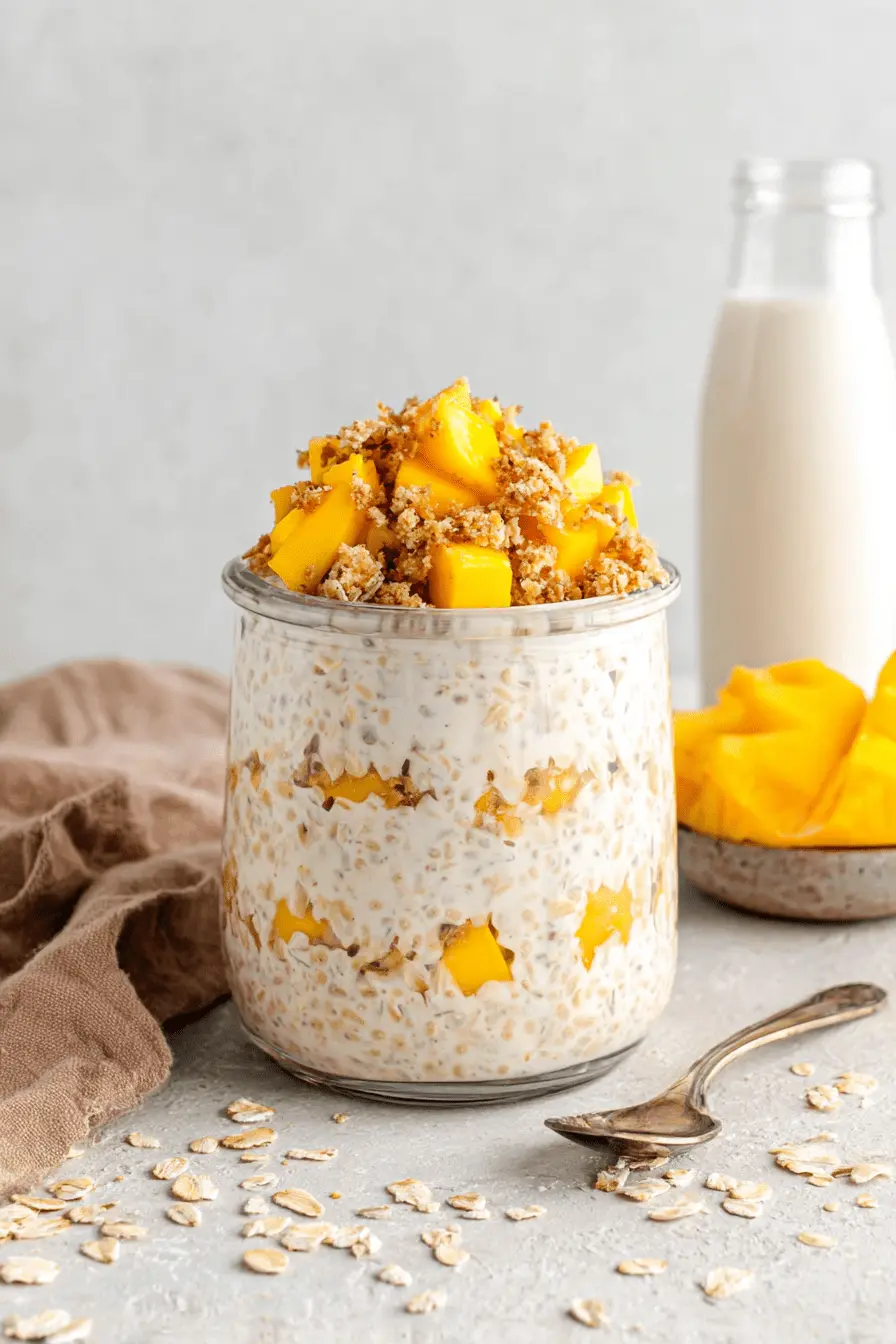 Ultimate Creamy Mango Overnight Oats Recipe 2 Close-up of layered mango overnight oats in a clear glass jar, topped with fresh mango chunks and crunchy granola.