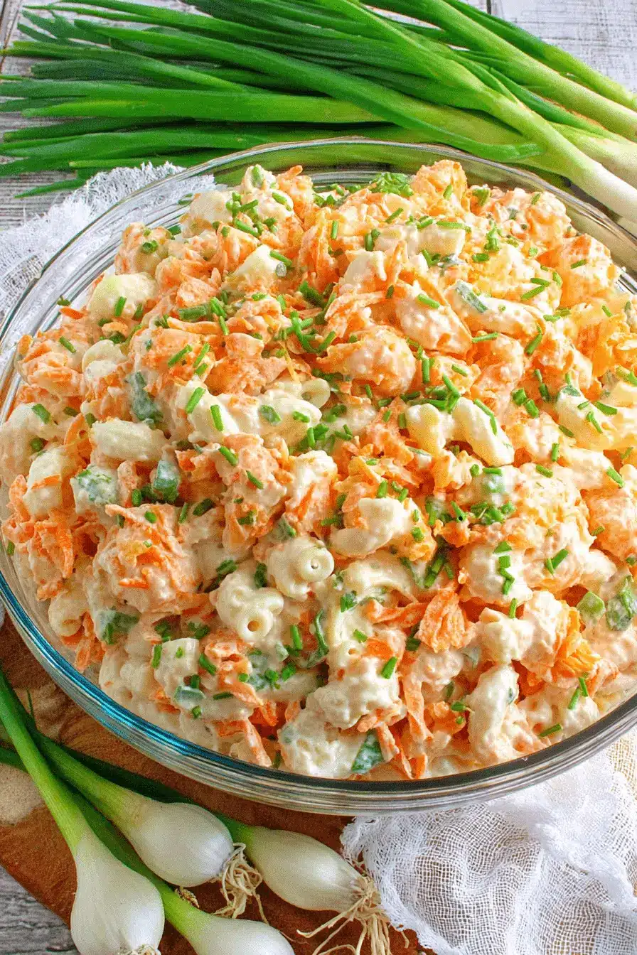 Foolproof Creamy Hawaiian Pasta Salad 2 Close-up of a vibrant hawaiian pasta salad in a glass bowl, featuring creamy macaroni, shredded carrots, and green onions.