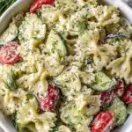 Ultimate Cucumber Pasta Salad: Easy & Refreshing 6 Close-up of a creamy cucumber pasta salad with farfalle, cherry tomatoes, and fresh dill in a white bowl on a wooden surface.