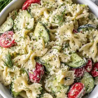 Ultimate Cucumber Pasta Salad: Easy & Refreshing 3 Close-up of a creamy cucumber pasta salad with farfalle, cherry tomatoes, and fresh dill in a white bowl on a wooden surface.