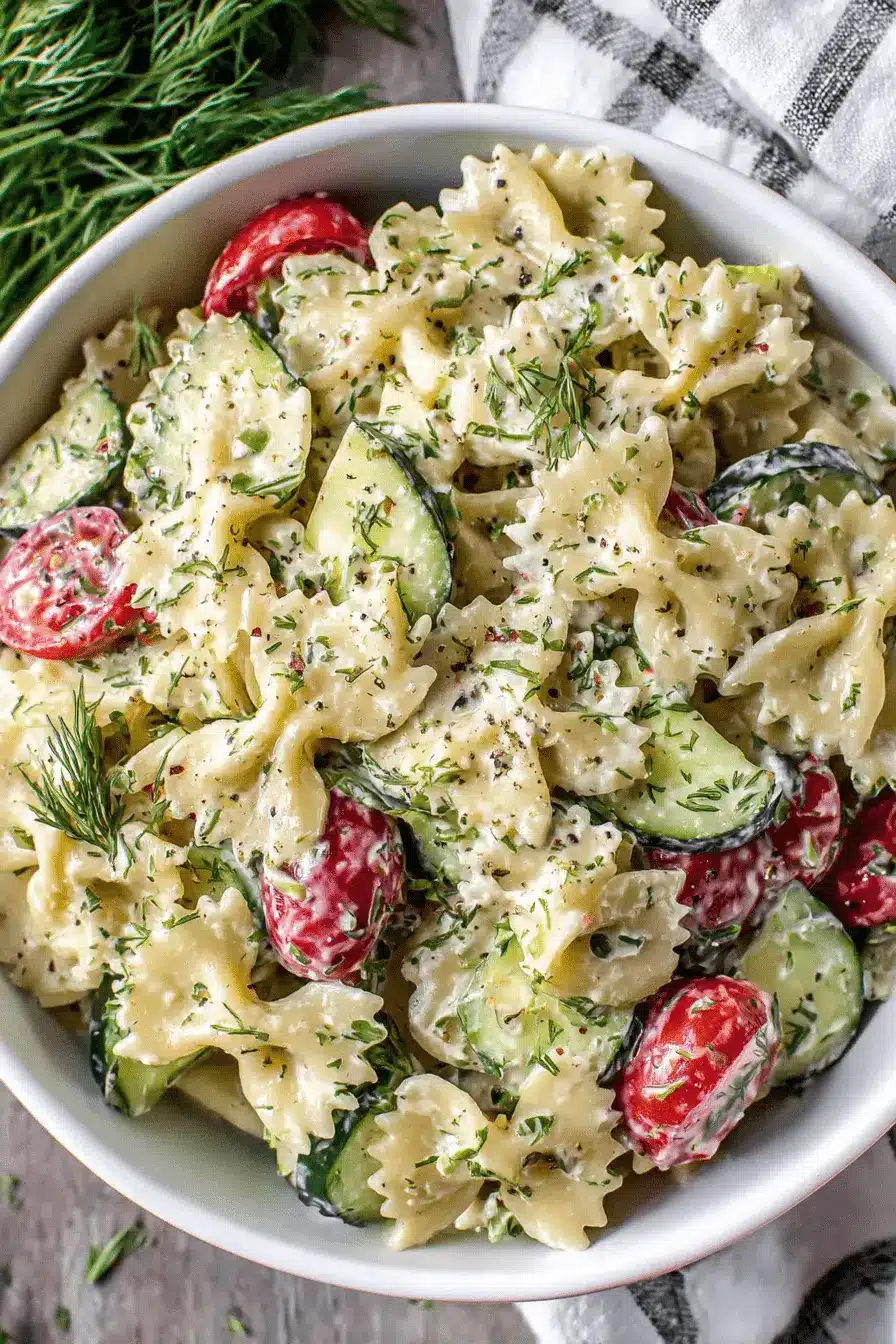 Ultimate Cucumber Pasta Salad: Easy & Refreshing 2 Close-up of a creamy cucumber pasta salad with farfalle, cherry tomatoes, and fresh dill in a white bowl on a wooden surface.