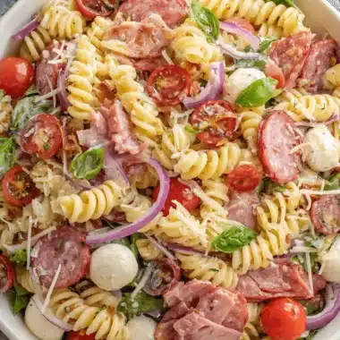 The Ultimate Italian Grinder Pasta Salad 4 Vibrant Italian grinder pasta salad with rotini, salami, prosciutto, mozzarella, tomatoes, and basil.