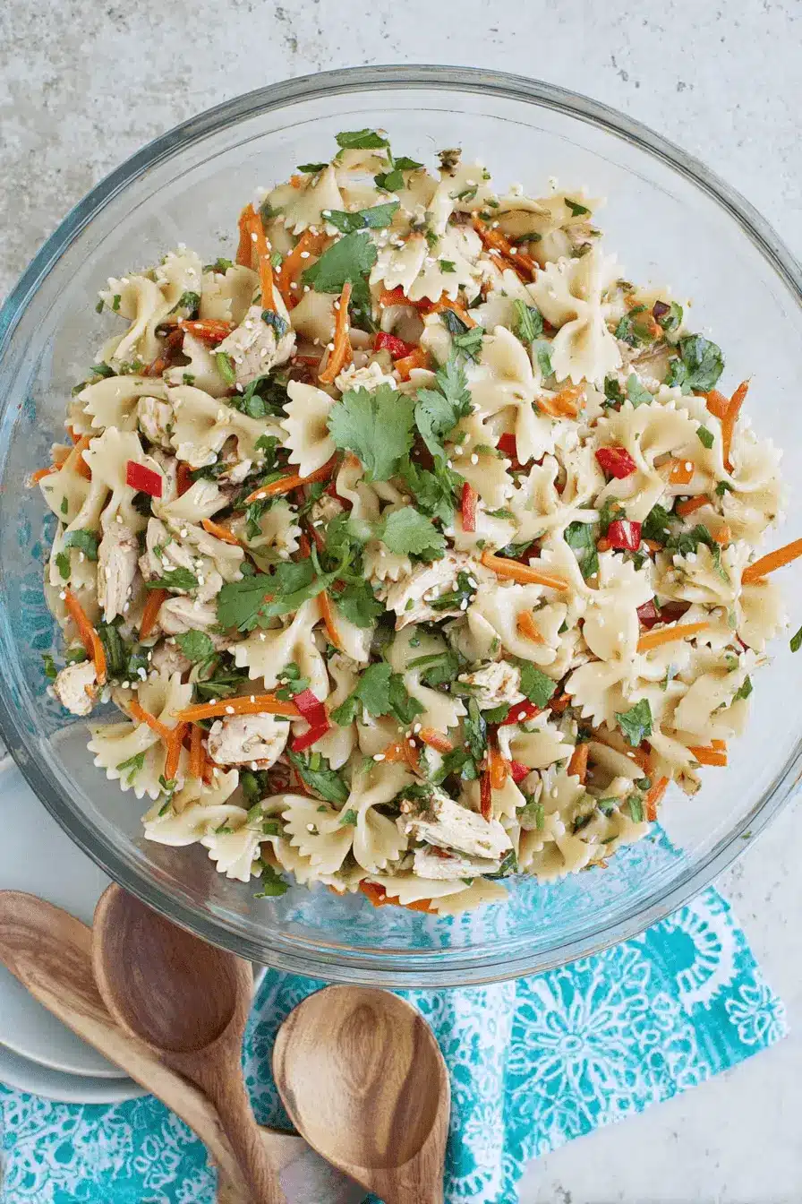 Amazing Asian Pasta Salad: Quick & Flavorful 2 Vibrant asian pasta salad with bowtie pasta, shredded chicken, carrots, and fresh cilantro.