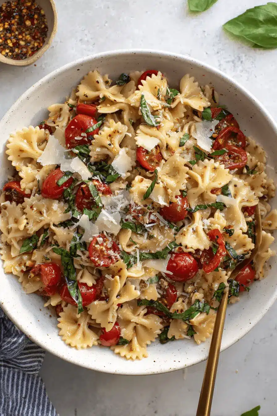 Amazing Bruschetta Pasta Salad: Simple & Fresh 2 Vibrant farfalle bruschetta pasta salad with cherry tomatoes, basil, and Parmesan in a white bowl.