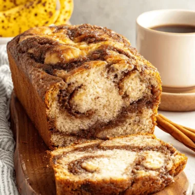 The Ultimate Cinnamon Roll Banana Bread 4 Close-up of freshly baked cinnamon roll banana bread, sliced on a rustic wooden board with bananas and coffee.