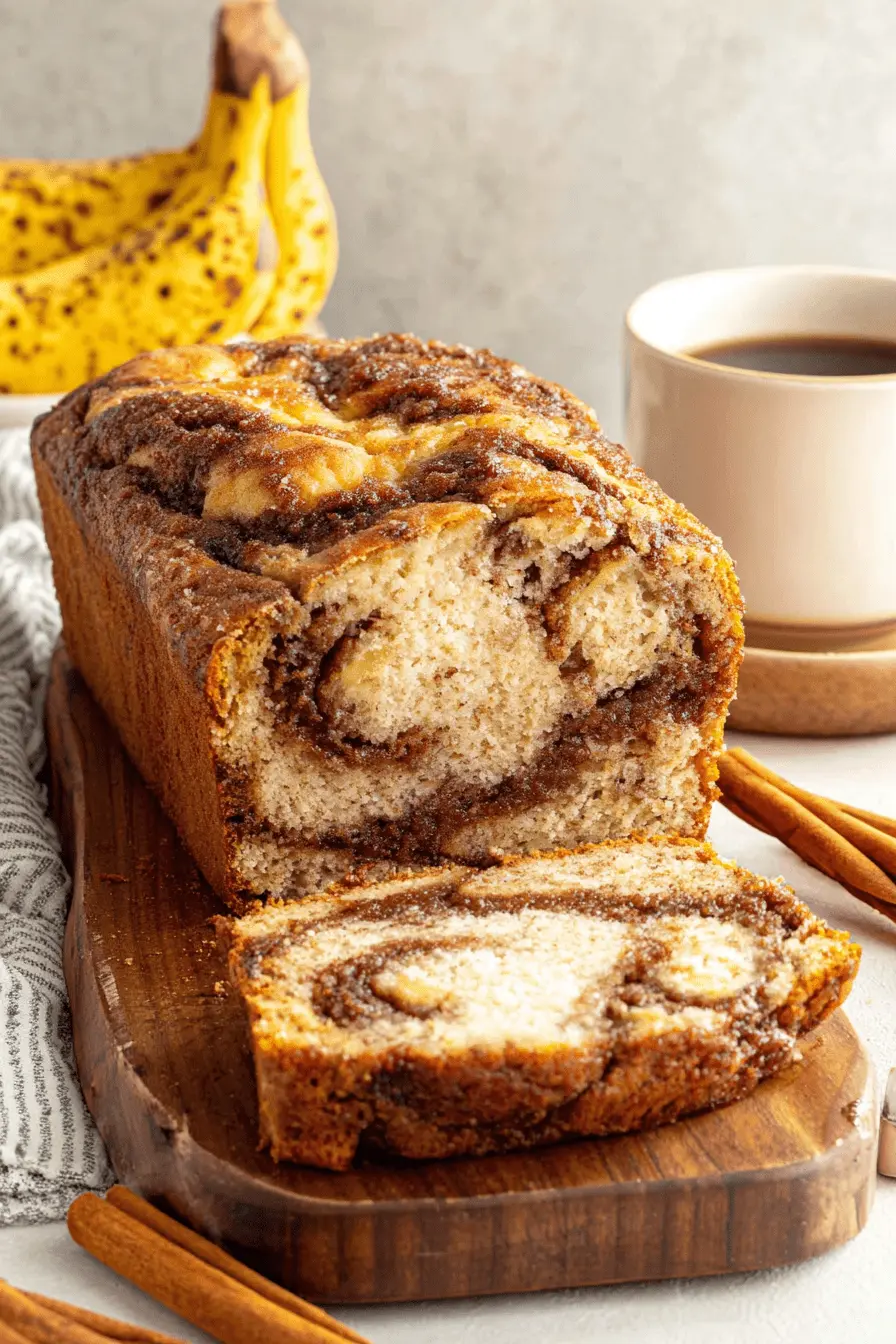 The Ultimate Cinnamon Roll Banana Bread 2 Close-up of freshly baked cinnamon roll banana bread, sliced on a rustic wooden board with bananas and coffee.