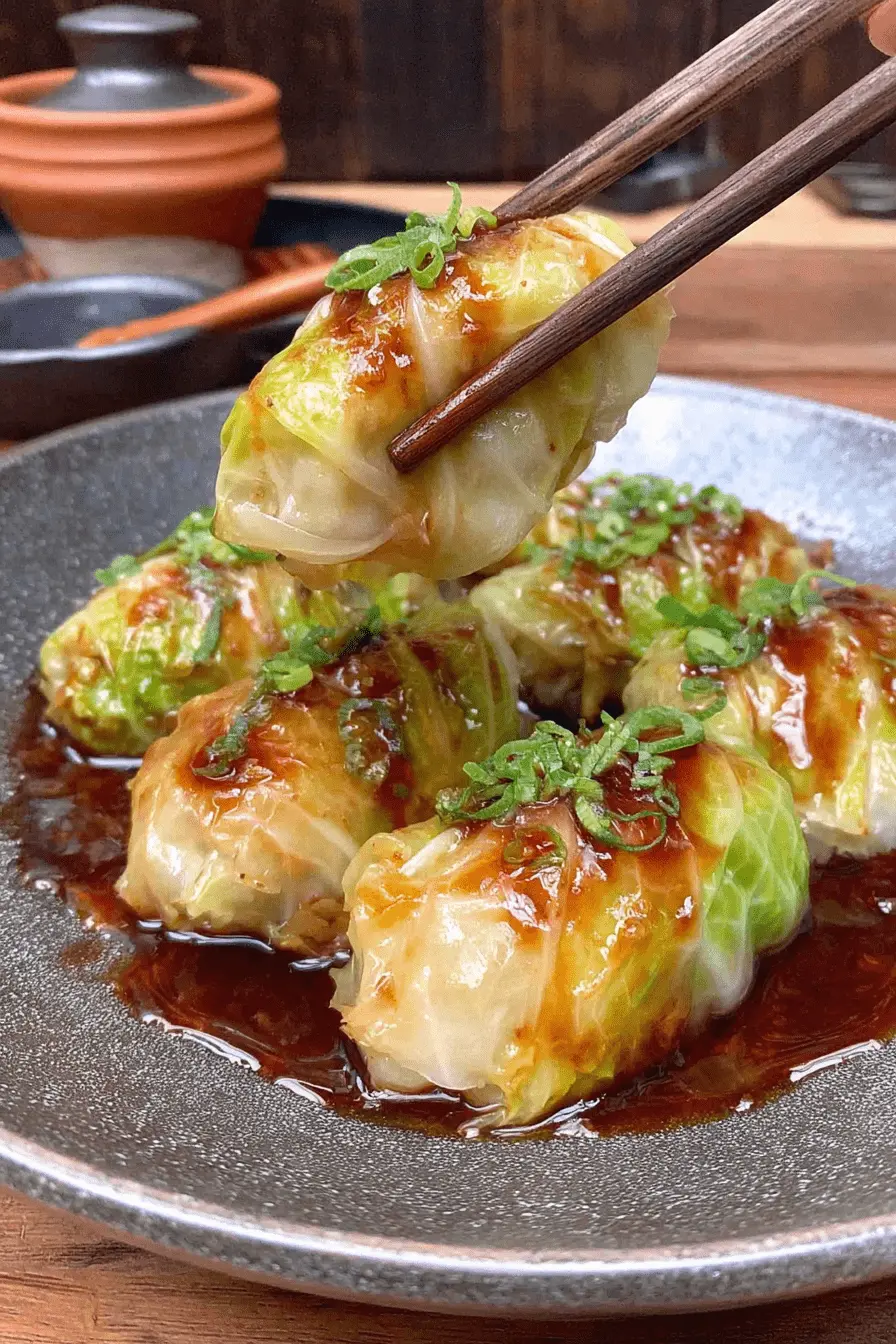 Amazing Homemade Cabbage Dumplings Recipe 2 Close-up of vibrant green cabbage dumplings in a dark ceramic bowl, glistening with savory sauce and topped with green onions, held by chopsticks.