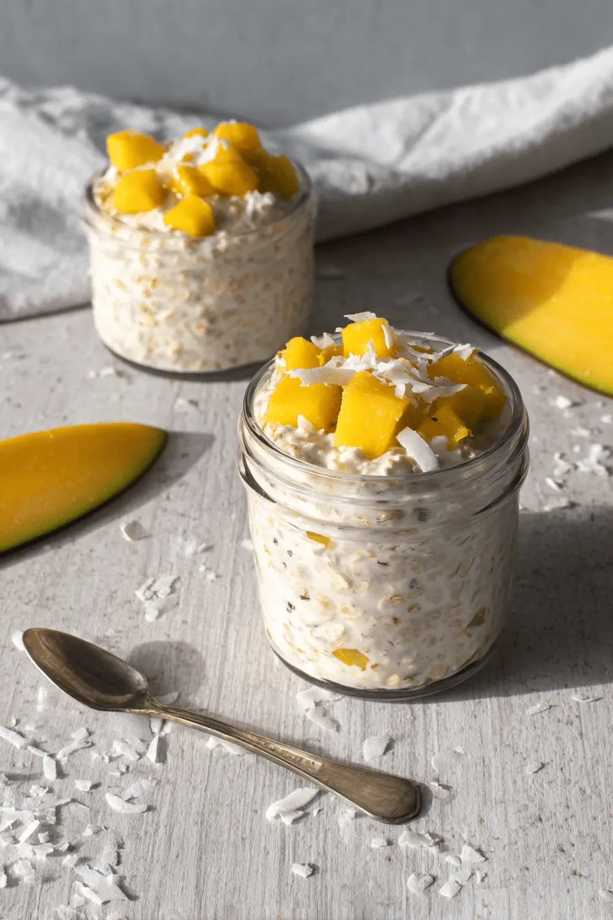 Easy Mango Coconut Overnight Oats for Quick Mornings 2 Two servings of creamy mango coconut overnight oats in clear glass jars, topped with fresh diced mango and shredded coconut flakes.