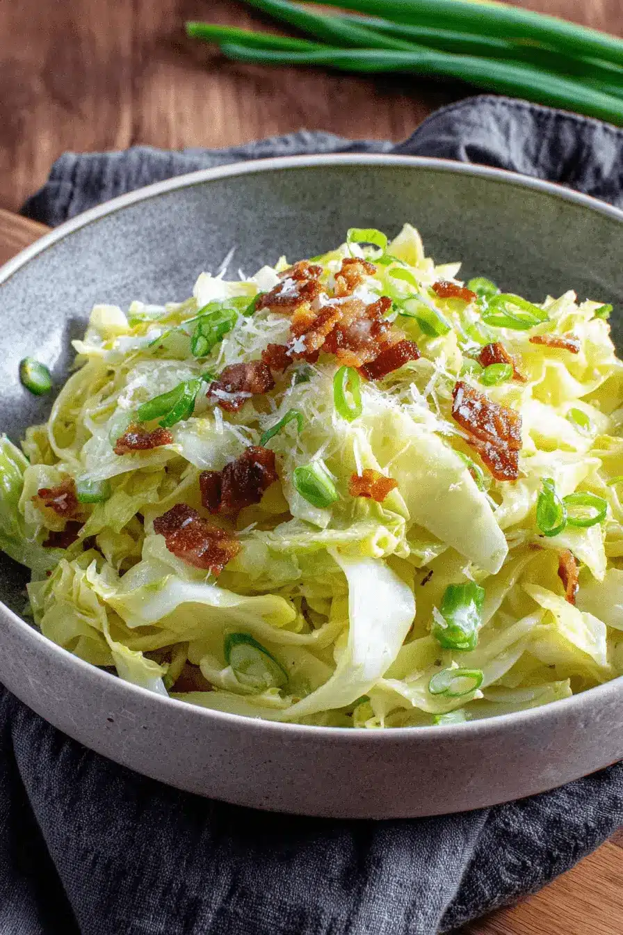 Amazing Cabbage Dumplings: Simple & Quick Meal 2 Shredded cabbage dish with crispy bacon, green onions, and cheese, a perfect side for cabbage dumplings.