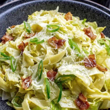 Amazing Healthy Cabbage Dumplings 4 A close-up of a rustic dish featuring wilted cabbage, crispy bacon, green onions, and grated cheese, perfect for a meal or as a side to complement cabbage dumplings.