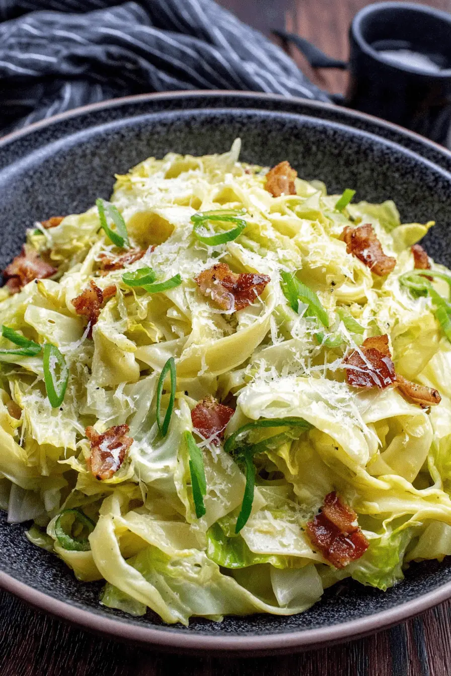 Amazing Healthy Cabbage Dumplings 2 A close-up of a rustic dish featuring wilted cabbage, crispy bacon, green onions, and grated cheese, perfect for a meal or as a side to complement cabbage dumplings.