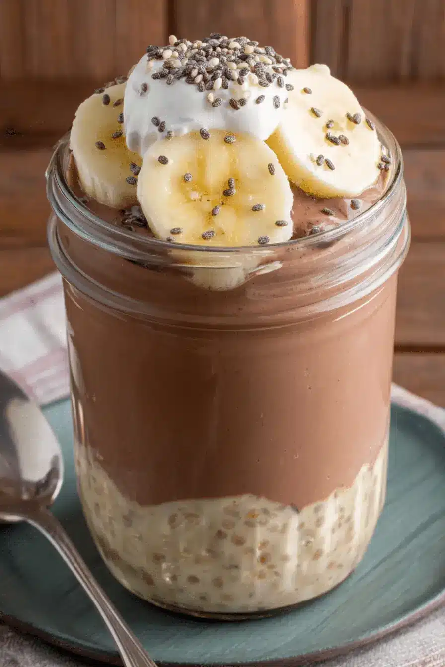 Amazing Mocha Overnight Oats Recipe 2 Close-up of layered mocha overnight oats topped with fresh banana, cream, and seeds in a clear glass jar.