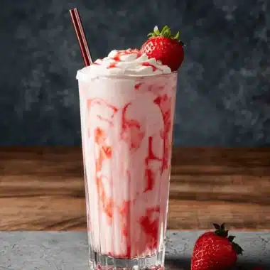 Amazing Homemade Strawberry Cream Soda 3 Tall, ribbed glass of creamy pink strawberry dessert, garnished with whipped cream and a ripe strawberry, evoking a luxurious strawberry cream soda.