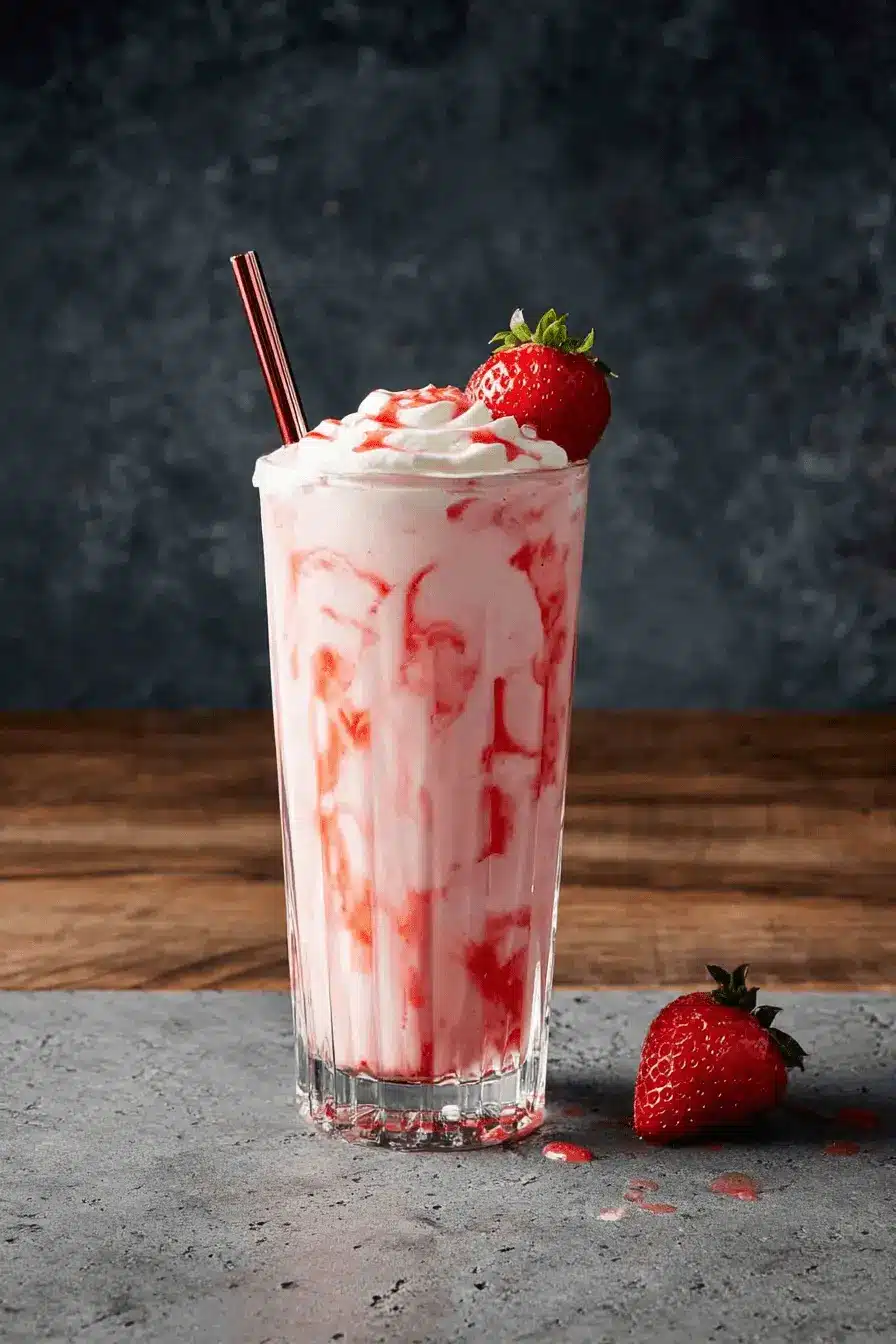 Amazing Homemade Strawberry Cream Soda 2 Tall, ribbed glass of creamy pink strawberry dessert, garnished with whipped cream and a ripe strawberry, evoking a luxurious strawberry cream soda.