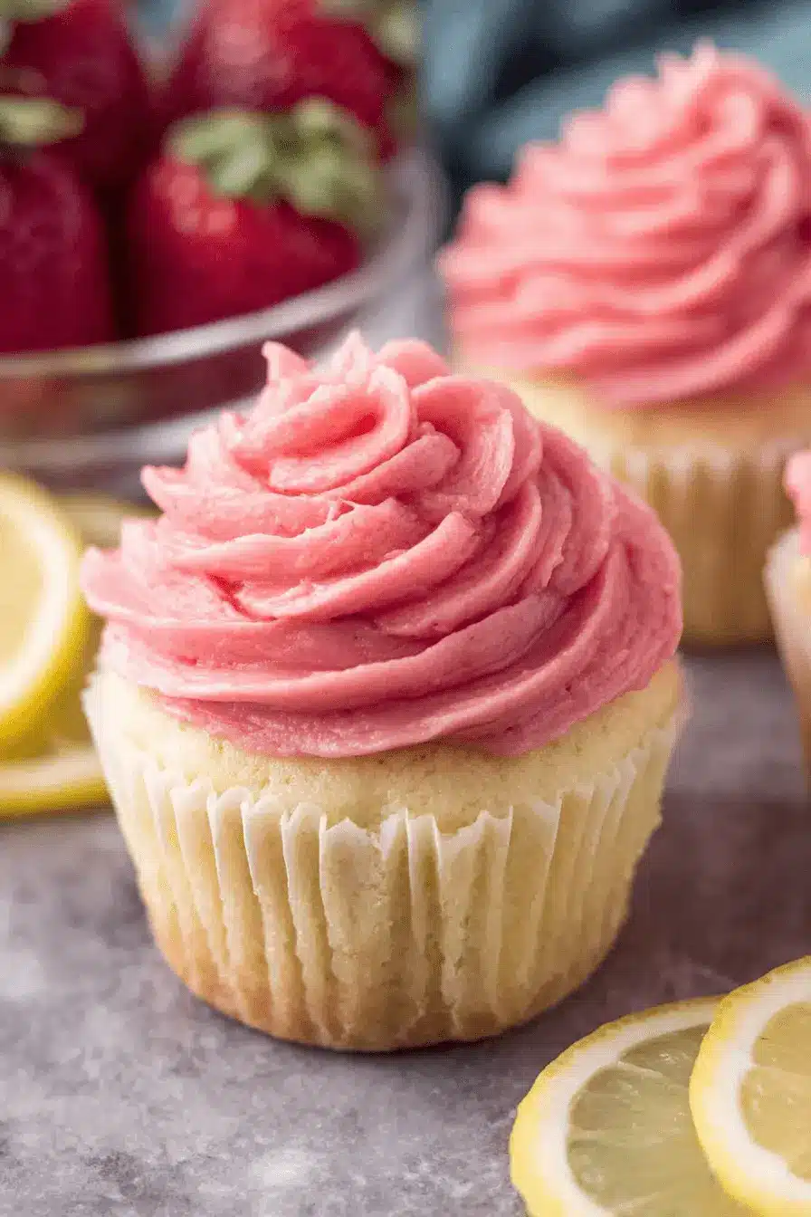 Sensational Strawberry Lemonade Cupcakes 2 Close-up of a single, perfectly swirled pink-frosted golden cupcake, emphasizing the delicious **Strawberry Lemonade Cupcakes**.