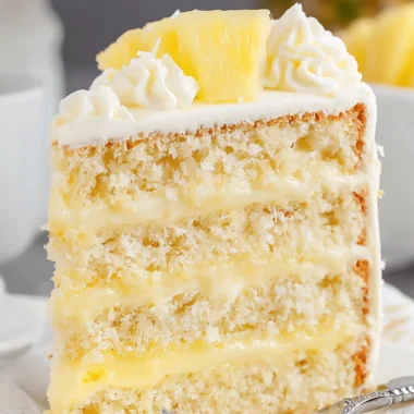 Ultimate Pineapple Coconut Cake: Tropical Bliss 3 Close-up view of a multi-layered slice of moist pineapple coconut cake topped with fresh pineapple chunks.