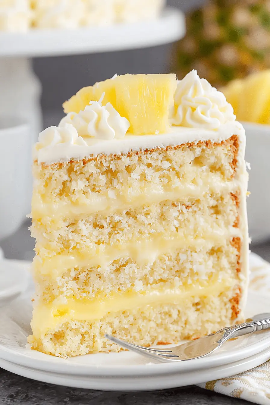 Ultimate Pineapple Coconut Cake: Tropical Bliss 2 Close-up view of a multi-layered slice of moist pineapple coconut cake topped with fresh pineapple chunks.