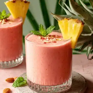 Amazing Strawberry Pineapple Smoothie Recipe 3 Two glasses of vibrant pinkish-red strawberry pineapple smoothie garnished with mint and fresh pineapple slices.