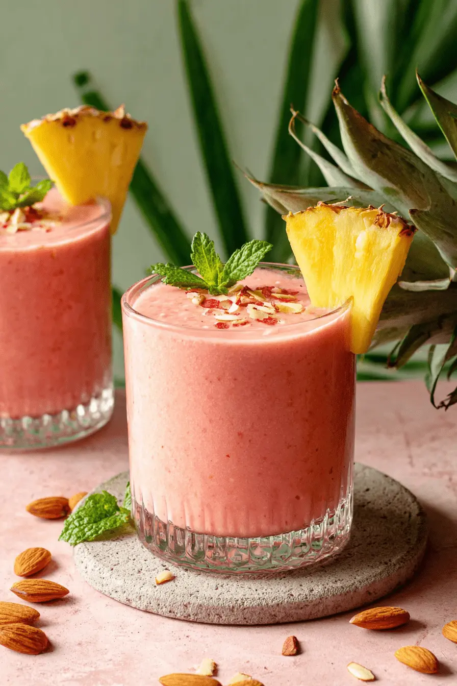 Amazing Strawberry Pineapple Smoothie Recipe 2 Two glasses of vibrant pinkish-red strawberry pineapple smoothie garnished with mint and fresh pineapple slices.