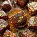 Amazing Garlic Butter Steak Bites: Quick Dinner! 5 Cast-iron skillet filled with savory, glistening braised short ribs resembling hearty garlic butter steak bites, topped with fresh herbs.