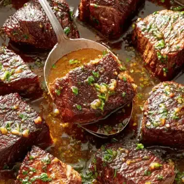 Amazing Garlic Butter Steak Bites: Quick Dinner! 3 Cast-iron skillet filled with savory, glistening braised short ribs resembling hearty garlic butter steak bites, topped with fresh herbs.