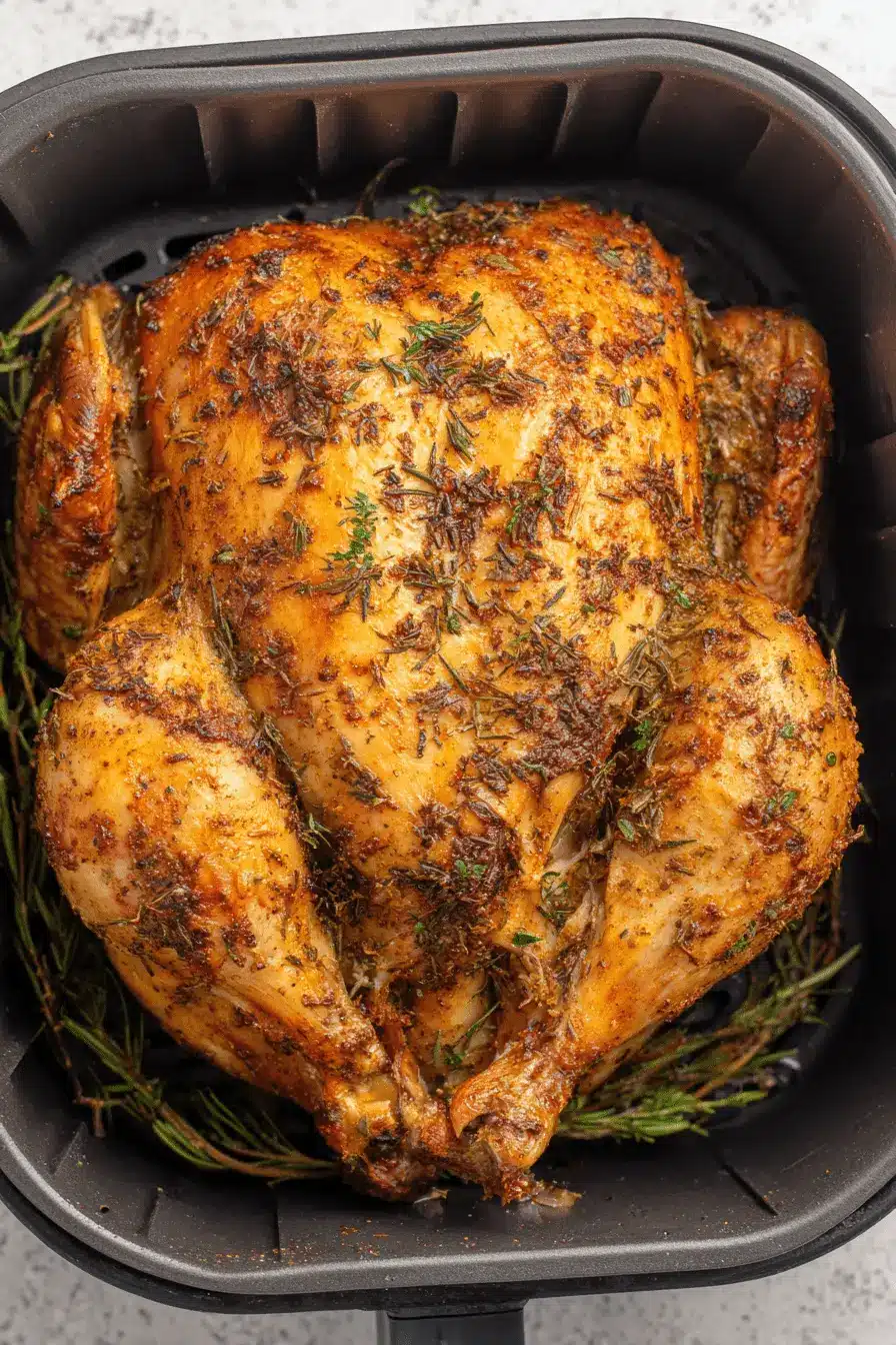 Perfect Air Fryer Whole Chicken Recipe 2 Close-up of a golden brown, herb-seasoned air fryer whole chicken inside the black air fryer basket.