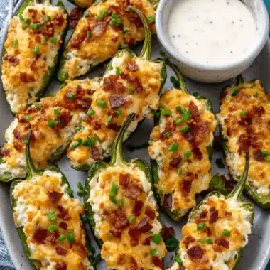 Easy Air Fryer Jalapeno Poppers Recipe 3 A platter of creamy, bacon-topped Air Fryer Jalapeno Poppers garnished with chives and served with a side dipping sauce.
