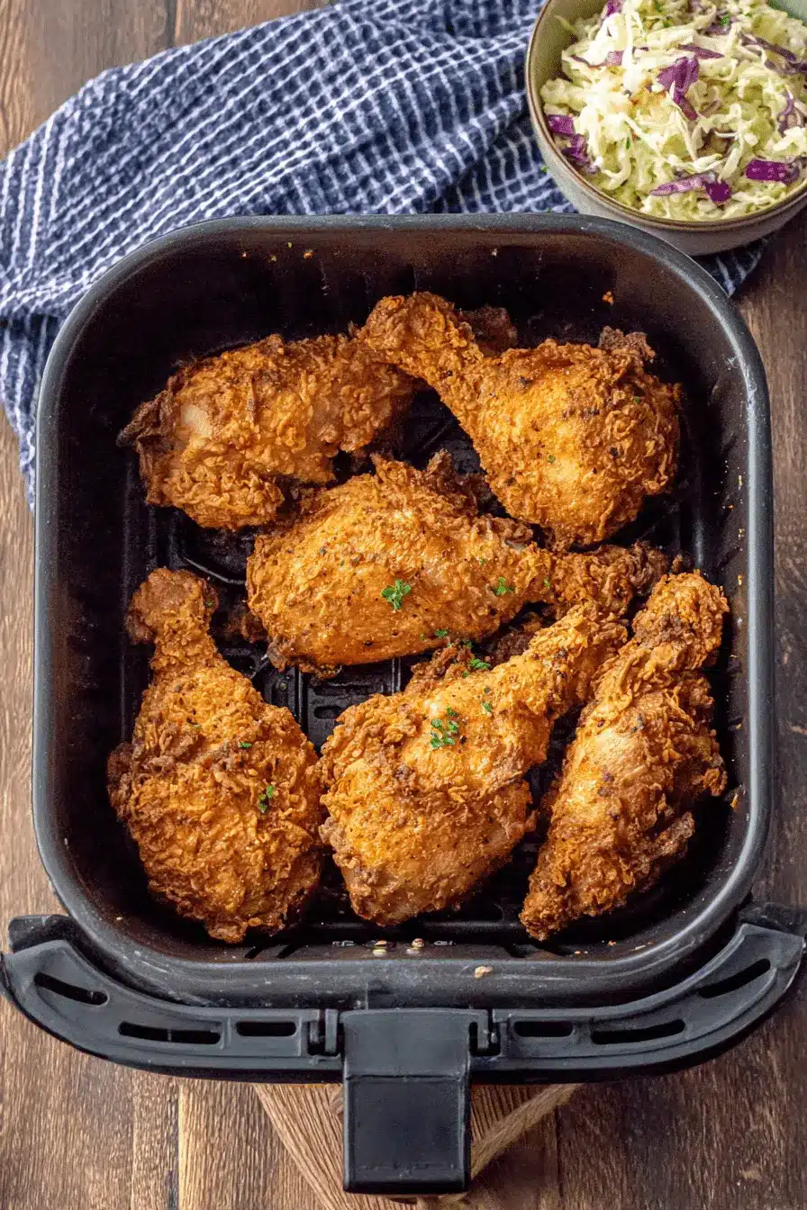 Amazing Air Fryer Fried Chicken Recipe 2 Golden-brown, crispy air fryer fried chicken drumsticks served in a black basket with a side of creamy coleslaw on a wooden table.