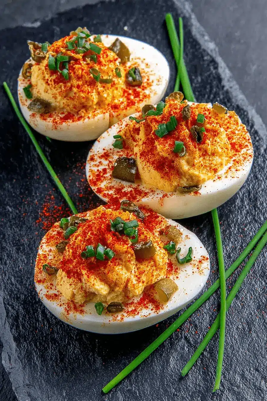 The Ultimate Million Dollar Deviled Eggs 2 Three perfectly garnished Million Dollar Deviled Eggs arranged on a dark slate platter with chives and paprika.