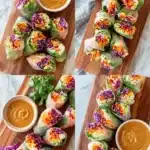 Amazing Crispy Vegetable Spring Rolls 6 Freshly made vegetable spring rolls filled with colorful shredded vegetables and served with creamy peanut dipping sauce.