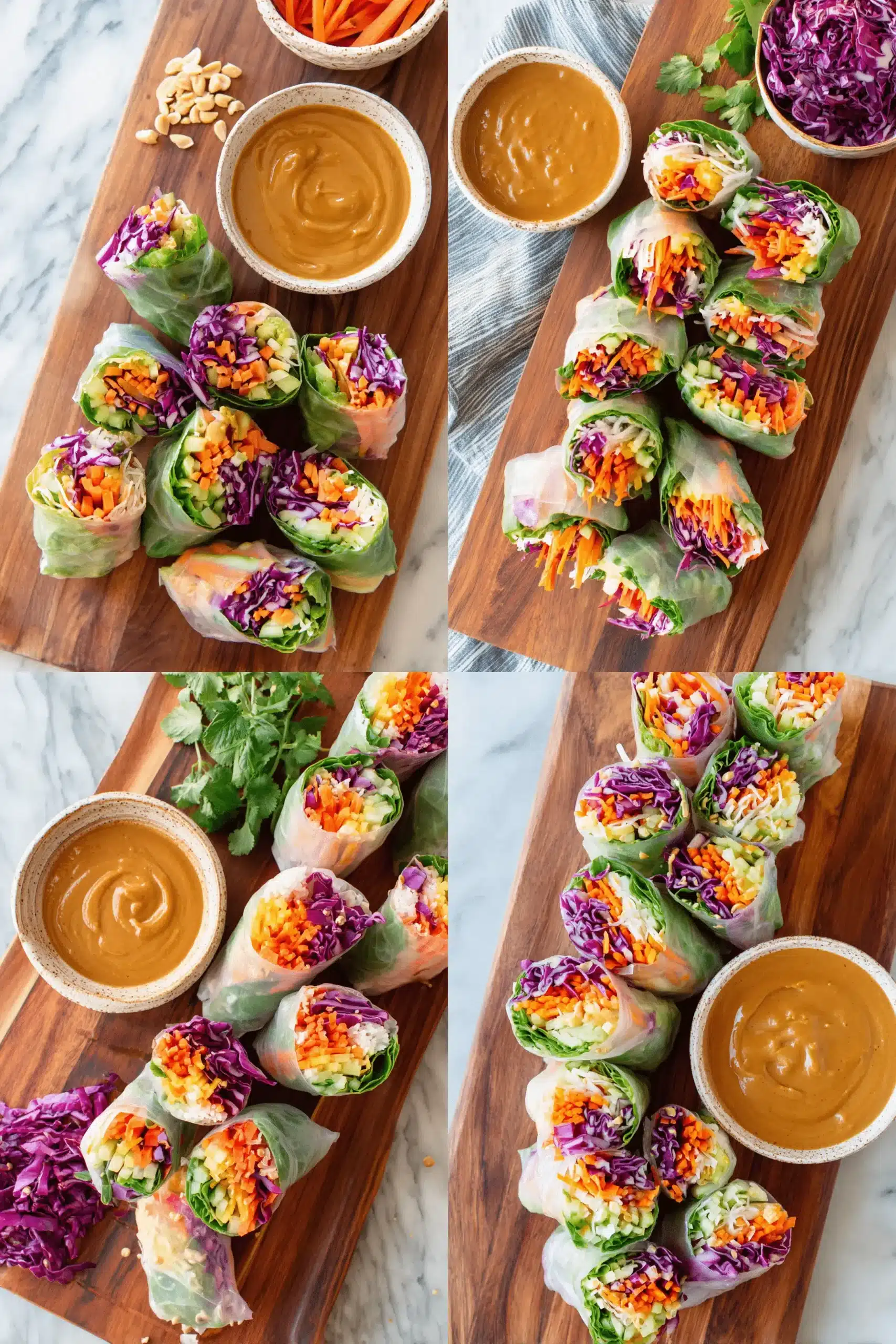 Amazing Rotisserie Chicken Tostadas in Under 25 Mins 2 Colorful fresh vegetable spring rolls and creamy peanut dipping sauce on a wooden board, a lighter appetizer before making **Rotisserie Chicken Tostadas**.