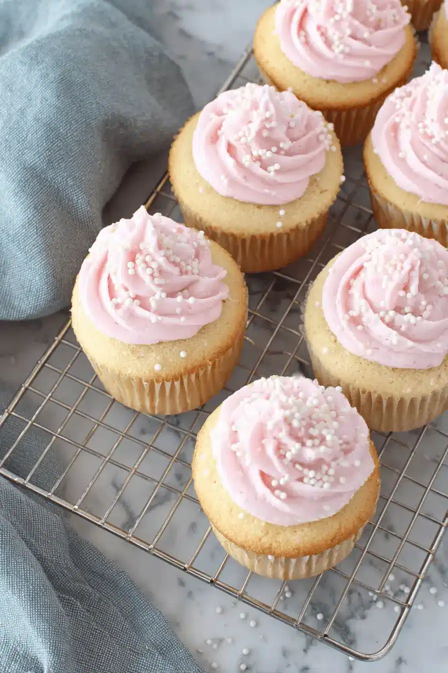 Delightful Pink Lemonade Cupcakes Recipe 2 Close-up of sweet Pink Lemonade Cupcake treats arranged on a silver cooling rack, featuring pale pink frosting and white pearl sprinkles.