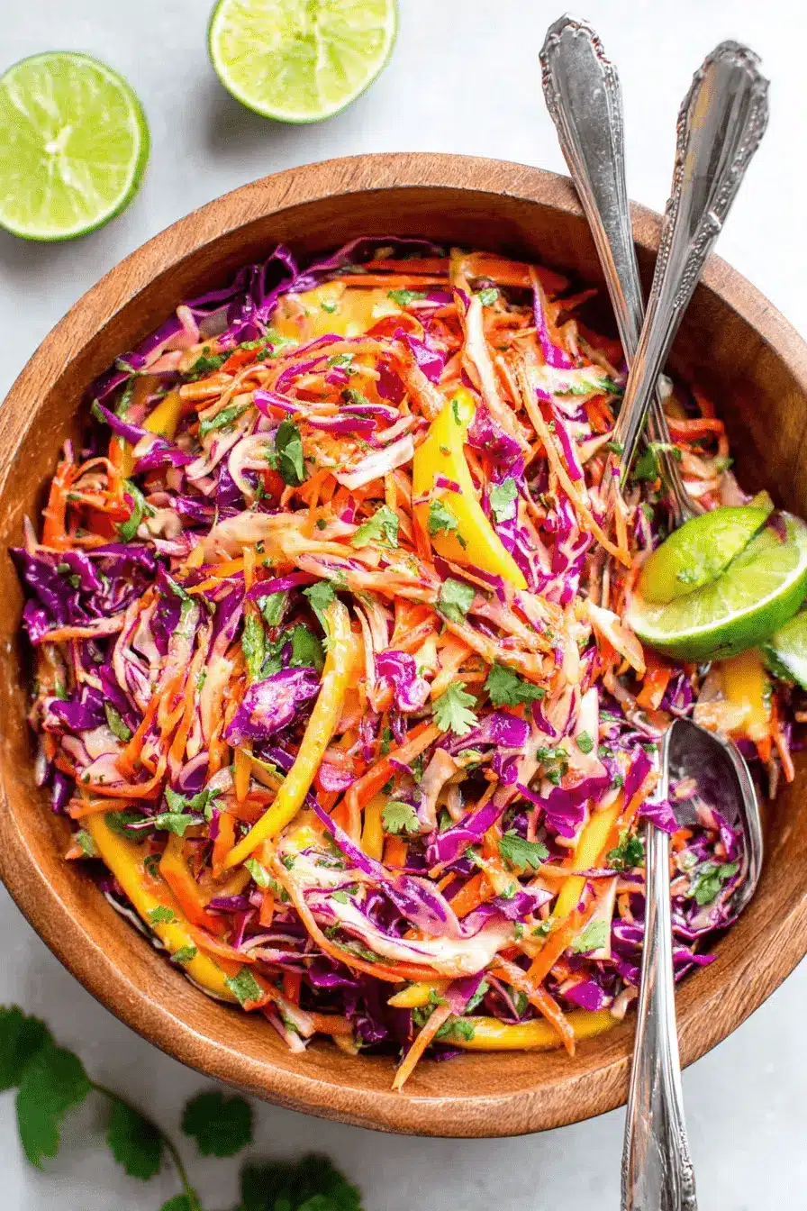 Vibrant Mango Slaw: Your New Go-To Side 2 Rustic wooden bowl filled with vibrant, creamy mango slaw, shredded cabbage, and fresh lime accents.