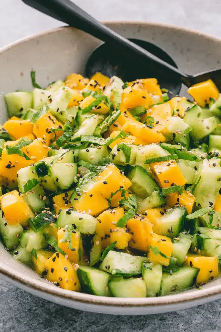 Vibrant Mango Cucumber Salad: Easy & Refreshing 2 Vibrant close-up of a refreshing mango cucumber salad garnished with sesame seeds and fresh herbs in a ceramic bowl.