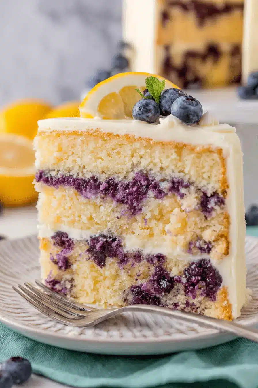 Ultimate Lemon Blueberry Cake: So Moist & Easy! 2 Close-up of a perfectly sliced Lemon Blueberry Cake garnished with mint and a fresh lemon slice.
