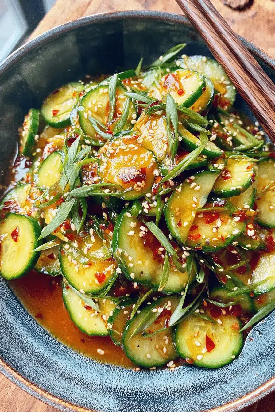 Amazing Asian Cucumber Salad: Quick & Easy 2 Close-up overhead shot of a vibrant asian cucumber salad garnished with sesame seeds and scallions in a rustic blue ceramic bowl.