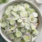 Amazing Creamy Cucumber Salad Recipe 5 Creamy Cucumber Salad in a rustic ceramic bowl, garnished with fresh dill, red onion, and a hint of red pepper flakes.
