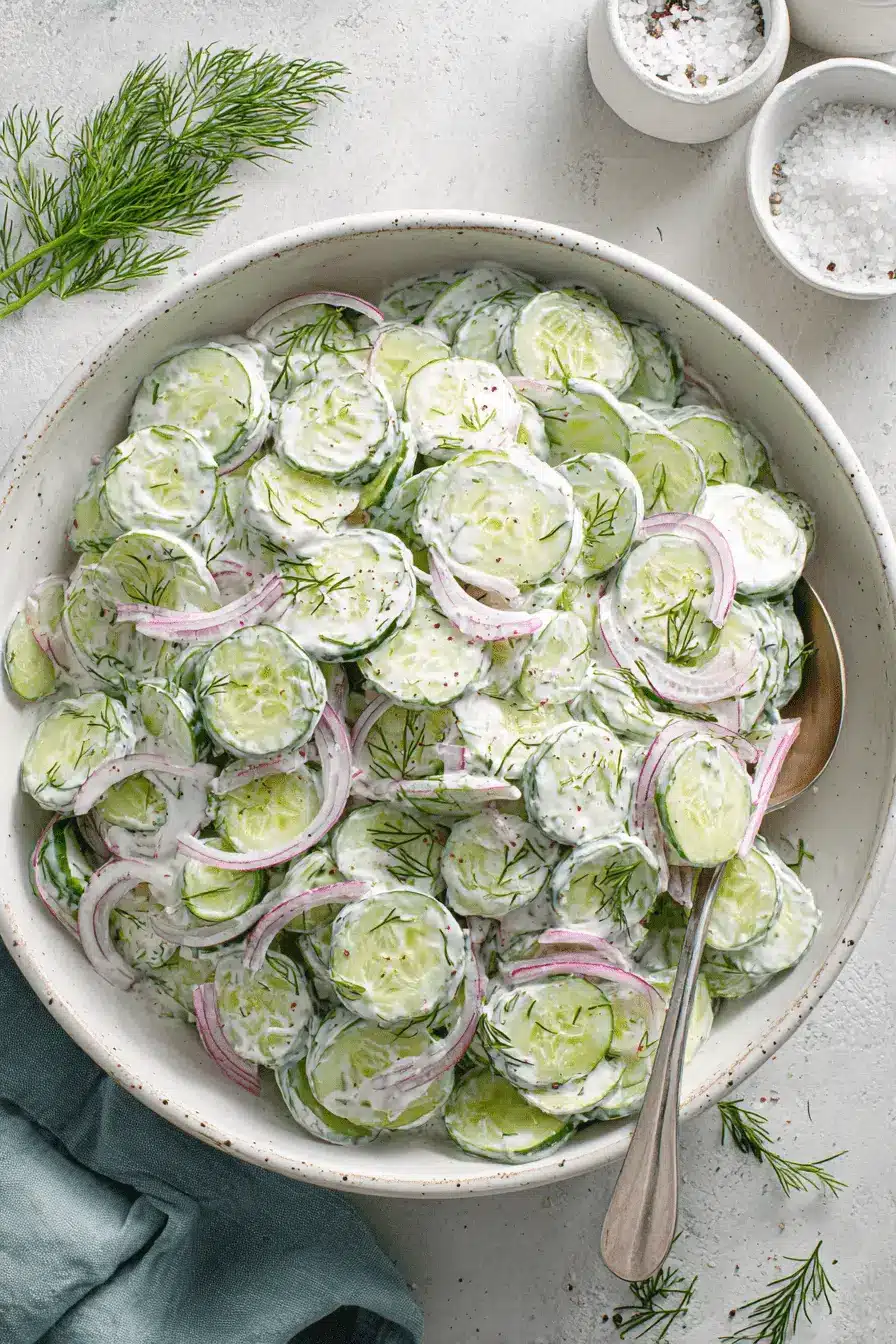 Amazing Creamy Cucumber Salad Recipe 2 Creamy Cucumber Salad in a rustic ceramic bowl, garnished with fresh dill, red onion, and a hint of red pepper flakes.