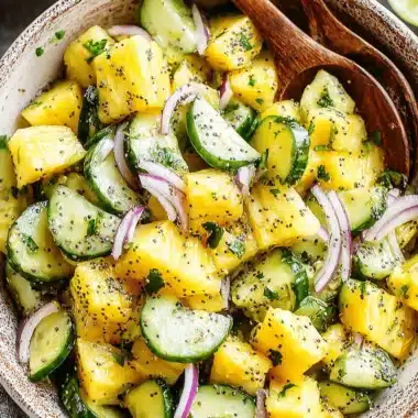 Vibrant Pineapple Cucumber Salad: Quick & Easy Recipe 4 Vibrant Pineapple Cucumber Salad in a rustic ceramic bowl with wooden servers and lime wedges.