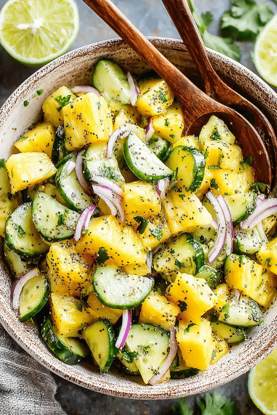 Vibrant Pineapple Cucumber Salad: Quick & Easy Recipe 7 Vibrant Pineapple Cucumber Salad in a rustic ceramic bowl with wooden servers and lime wedges.