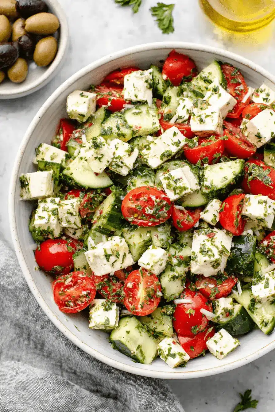 Vibrant Cucumber Feta Salad: Quick & Easy 2 Close-up, overhead shot of a fresh and vibrant Cucumber Feta Salad in a light bowl, featuring cherry tomatoes and a herby dressing.