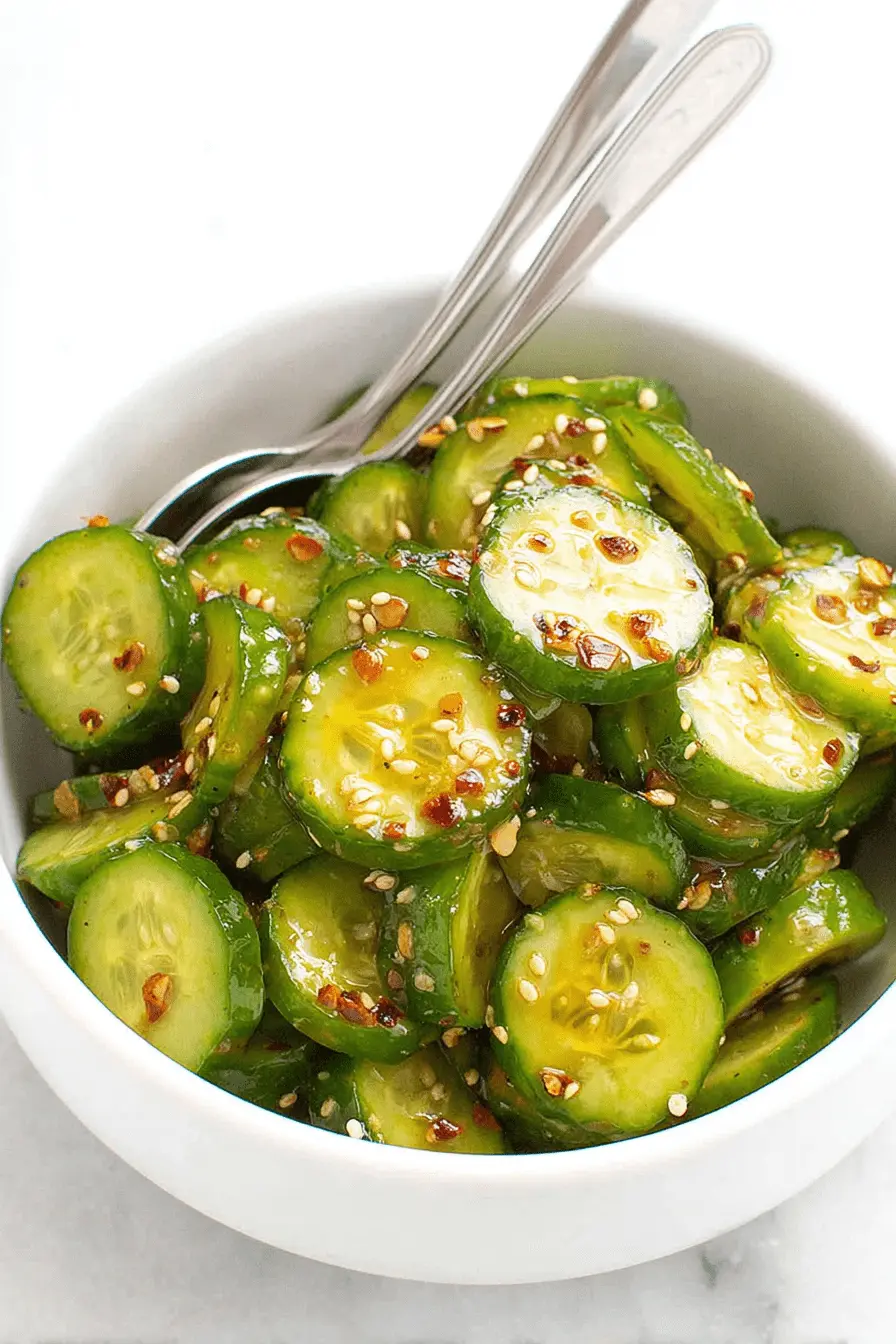 Vibrant Japanese Cucumber Salad Recipe 2 Overhead view of fresh japanese cucumber salad with sesame seeds, red chili flakes, and a golden dressing in a white bowl.