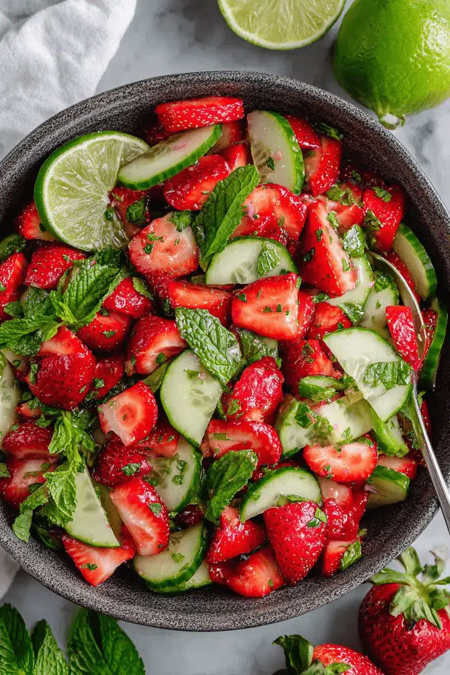 Ultimate Refreshing Cucumber Strawberry Salad 2 Top-down view of a fresh Cucumber Strawberry Salad with mint and lime slices in a dark gray bowl, ready to be served.
