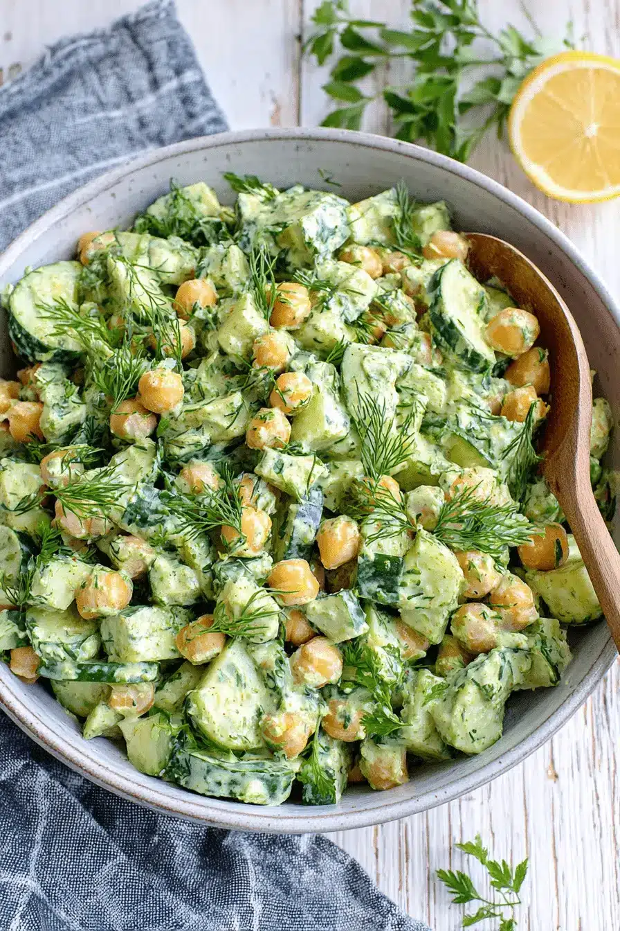 Amazing Cucumber Chickpea Salad Recipe 2 Creamy cucumber chickpea salad with fresh dill in a rustic gray bowl on a distressed white wood background.