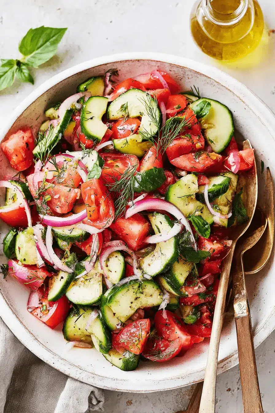 Vibrant Cucumber Tomato Salad: Easy Summer Side 2 Overhead close-up of a fresh, vibrant cucumber tomato salad served in a rustic ceramic bowl, garnished with dill and basil.