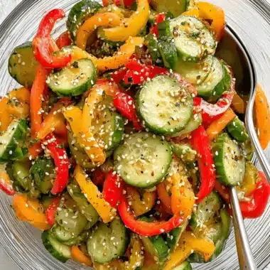 Ultimate Cucumber Sweet Pepper Salad Recipe 4 Fresh, colorful cucumber sweet pepper salad in a glass bowl, featuring red and yellow peppers, dressed with sesame seeds.