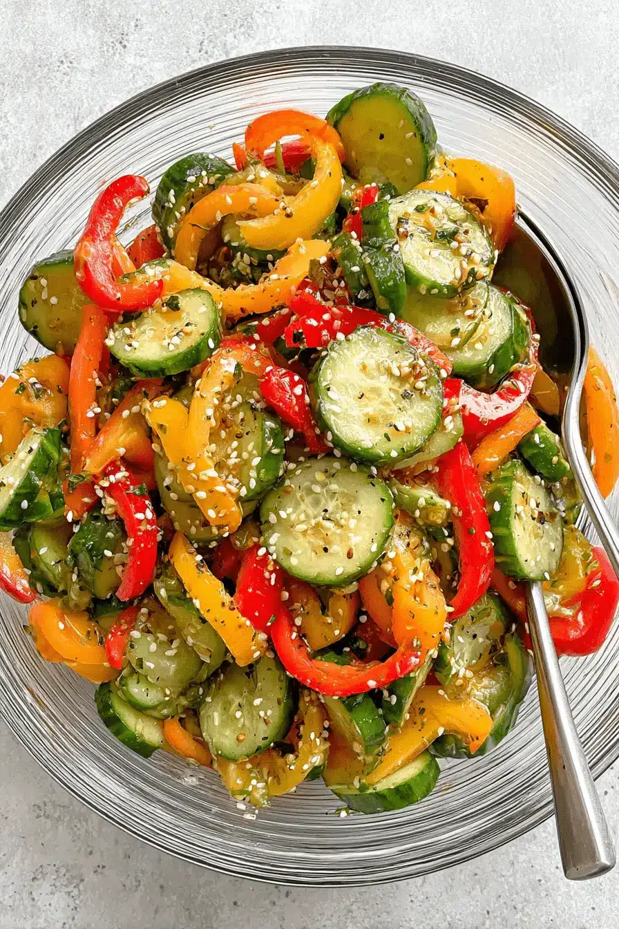 Ultimate Cucumber Sweet Pepper Salad Recipe 2 Fresh, colorful cucumber sweet pepper salad in a glass bowl, featuring red and yellow peppers, dressed with sesame seeds.